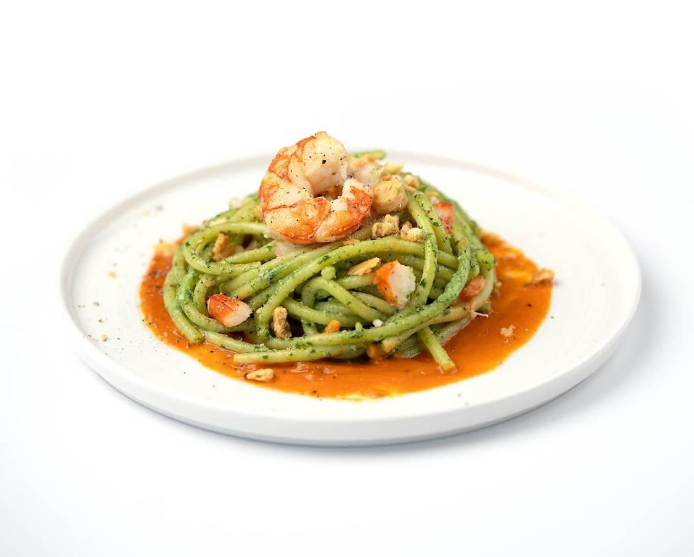 Pici al pesto di rucola con Gamberi e Taralli sbriciolati